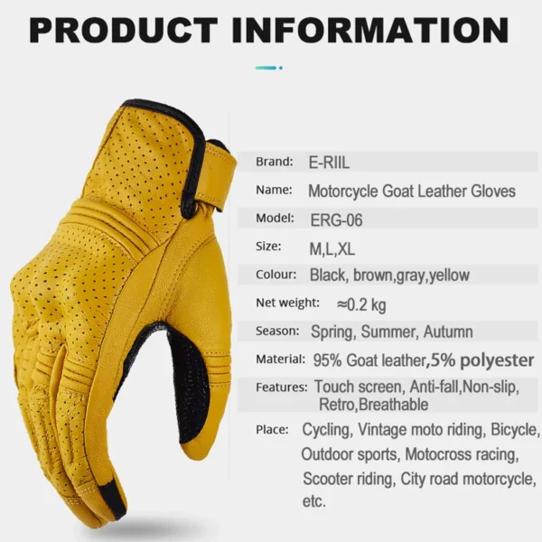 New Silver Vintage Leather Motorcycle Gloves Touschscreen Motocross Gloves Shockproof Pads Protective Motorbike Glove Breathable - Image 2