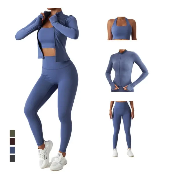 Women Gym Set Full Zip Long Sleeve Jacket Workout Yoga Running Leggings Sports Bra Stretch Women Fitness Outfit Women Activewear