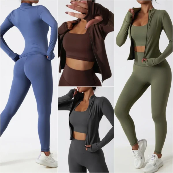 Women Gym Set Full Zip Long Sleeve Jacket Workout Yoga Running Leggings Sports Bra Stretch Women Fitness Outfit Women Activewear - Image 4