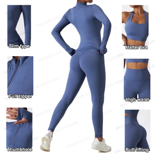 Women Gym Set Full Zip Long Sleeve Jacket Workout Yoga Running Leggings Sports Bra Stretch Women Fitness Outfit Women Activewear - Image 2