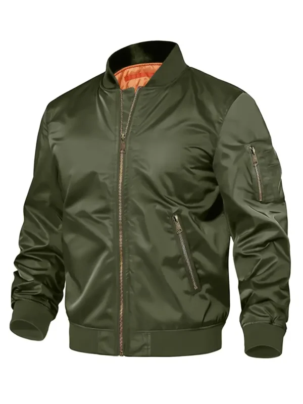 Men's Heavyweight Nylon Bomber Jacket - Windproof Full-Zip Stand Collar Casual Military Style Coat with Ribbed Cuffs & Waistband, Loose Fit for Autumn Winter Outdoor Wear, Military Jacket