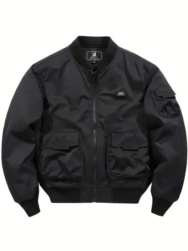 Men's Casual Bomber Jacket with Multiple Pockets - Stylish Black Baseball Collar Zip-Up Outerwear for Everyday Use - Image 2
