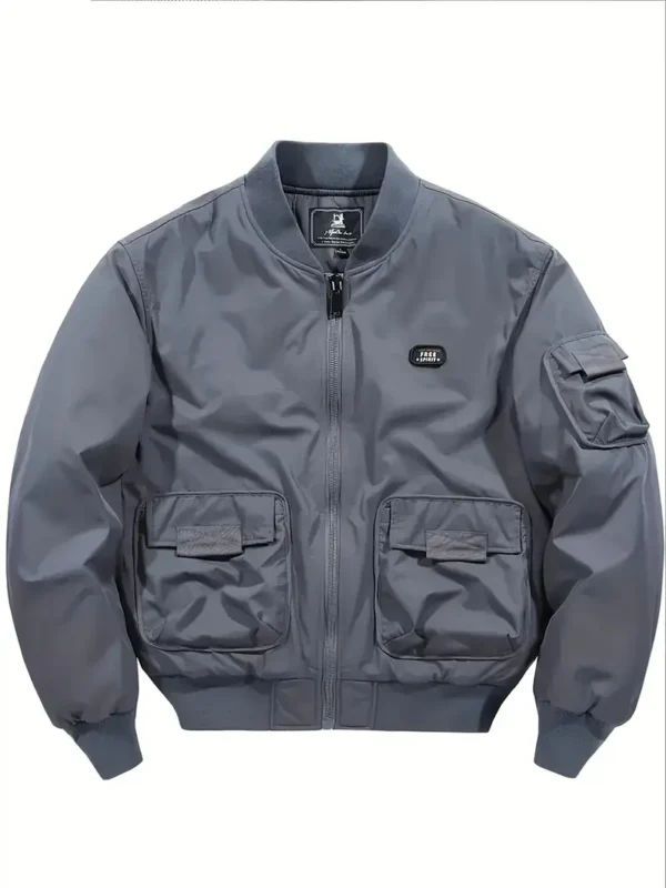 Men's Casual Bomber Jacket with Multiple Pockets - Stylish Black Baseball Collar Zip-Up Outerwear for Everyday Use