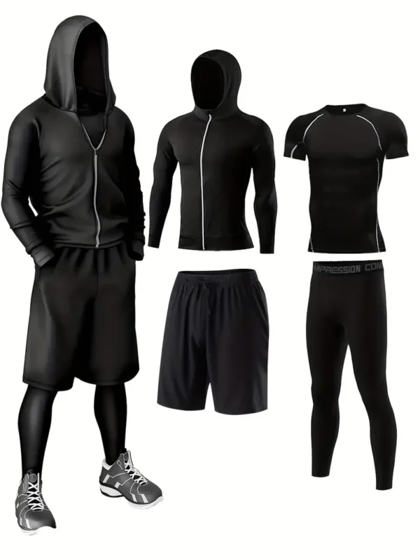 4pcs Athletic Sportswear Set, Polyester 95% Elastane 5% Knit Fabric, All-Season Crew Neck Hoodie, Skinny Fit Solid Color, Breathable Quick-Dry for Running, Fitness, Cycling & Outdoor Activities