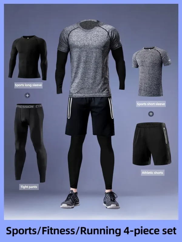 Gengyuan'S Men'S 4pcs Set Includes High-Elastic Long-Sleeve Tops, T-Shirts, Tight-Fitting Pants, And Quick-Dry Sports Shorts, Perfect for Autumn Basketball Training And Fitness Activities. - Image 2