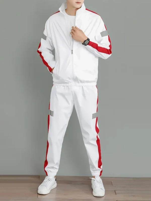 Men's Casual Sportswear Set - Black and White Striped Zip-Up Jacket with Reflective Accents & Matching Joggers, Polyester, Machine Washable, Ideal for Spring & Fall, Jogging Pants