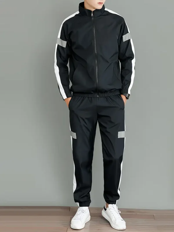 Men's Casual Sportswear Set - Black and White Striped Zip-Up Jacket with Reflective Accents & Matching Joggers, Polyester, Machine Washable, Ideal for Spring & Fall, Jogging Pants - Image 2