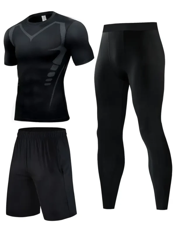 JIIHOO 3pcs Men'S Compression Athletic Set, Shorts, Tights, Short Sleeve Shirt, Breathable Quick-Dry Moisture-Wicking Gym Workout Apparel, Fitness Training Suit for Running, Basketball, Hiking, Cycling, Everyday Casual, Adult Slim Fit, Polyester Blend with Spandex, Digital Print Design