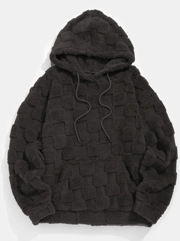 Men'S Casual Hoodie with Drawstring, Checkered Jacquard Texture, Fluffy Plush Pullover Sweatshirt with Pocket, Polyester, Loose Fit, Knit Fabric, Hooded, Solid Color for Fall/Winter - Image 3