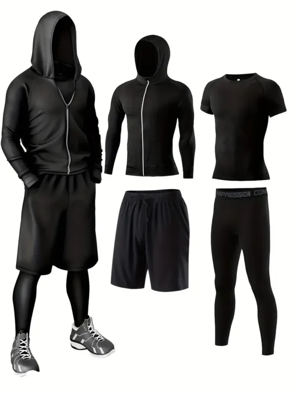 4pcs Athletic Sportswear Set, Polyester 95% Elastane 5% Knit Fabric, All-Season Crew Neck Hoodie, Skinny Fit Solid Color, Breathable Quick-Dry for Running, Fitness, Cycling & Outdoor Activities - Image 2