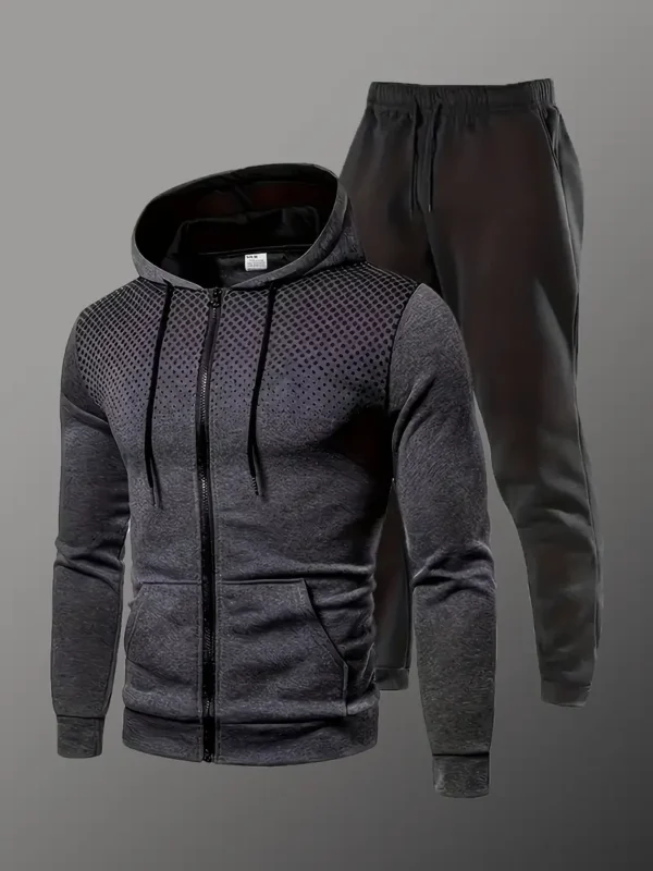 Men'S Casual Athletic Wear Set - Polyester Hoodie with Zipper and Pockets, Long Sleeve Pullover and Jogger Pants, Ideal for Spring and Fall, Perfect Gift, Casual Athletic Wear|Geometric Pattern Hoodie|Stretchy Fabric