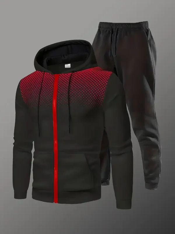 Men'S Casual Athletic Wear Set - Polyester Hoodie with Zipper and Pockets, Long Sleeve Pullover and Jogger Pants, Ideal for Spring and Fall, Perfect Gift, Casual Athletic Wear|Geometric Pattern Hoodie|Stretchy Fabric - Image 2