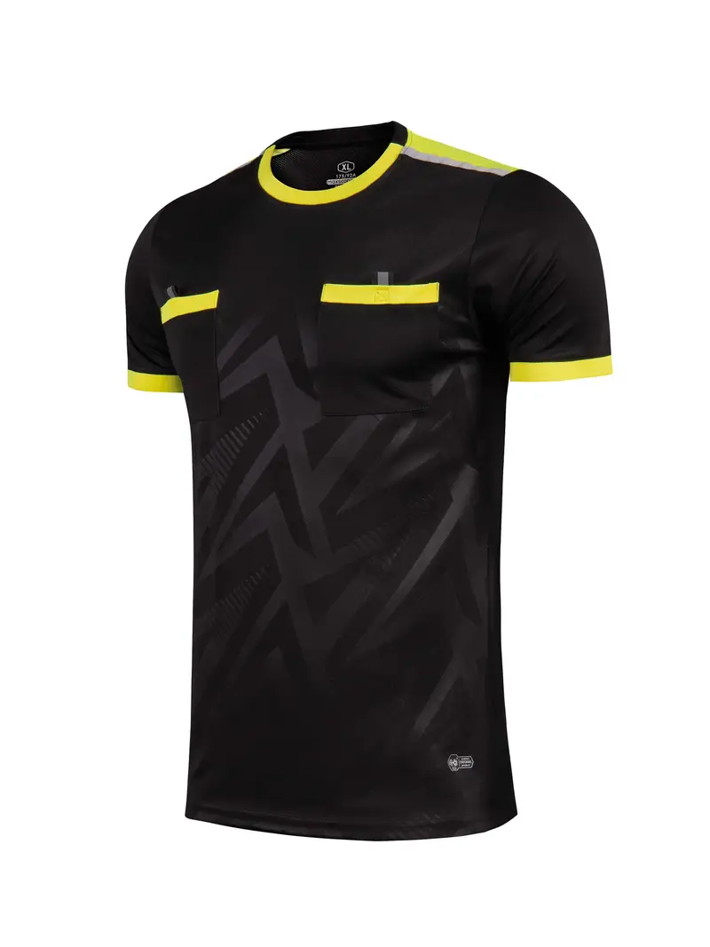 Men's Sports Referee Jersey, Breathable Polyester Athletic Shirt with Pocket, Geometric Pattern Short Sleeve, Crew Neck Top for Soccer, Tennis, Golf, Volleyball, Cycling, Casual Workout - Four Seasons Universal Fit