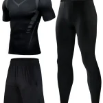 JIIHOO 3pcs Men'S Compression Athletic Set, Shorts, Tights, Short Sleeve Shirt, Breathable Quick-Dry Moisture-Wicking Gym Workout Apparel, Fitness Training Suit for Running, Basketball, Hiking, Cycling, Everyday Casual, Adult Slim Fit, Polyester Blend with Spandex, Digital Print Design