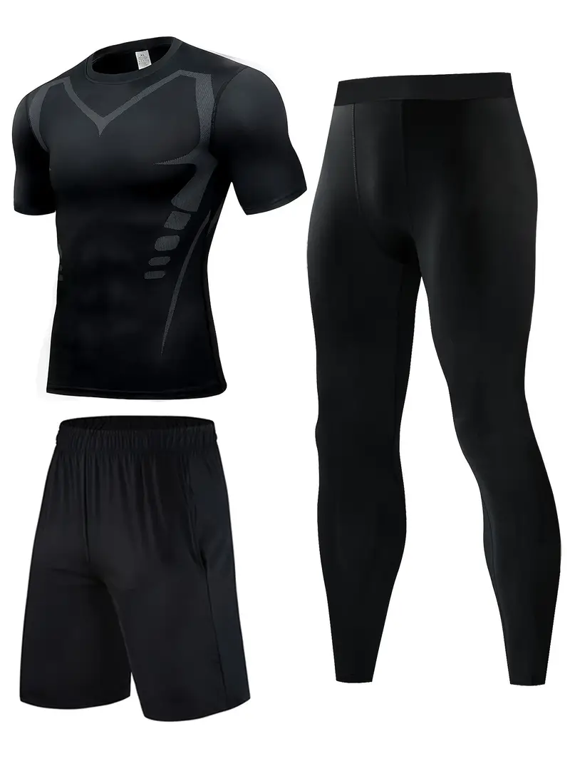 JIIHOO 3pcs Men'S Compression Athletic Set, Shorts, Tights, Short Sleeve Shirt, Breathable Quick-Dry Moisture-Wicking Gym Workout Apparel, Fitness Training Suit for Running, Basketball, Hiking, Cycling, Everyday Casual, Adult Slim Fit, Polyester Blend with Spandex, Digital Print Design