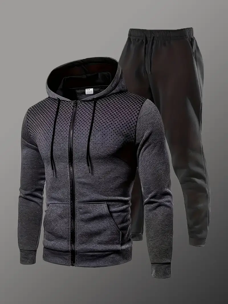 Men'S Casual Athletic Wear Set - Polyester Hoodie with Zipper and Pockets, Long Sleeve Pullover and Jogger Pants, Ideal for Spring and Fall, Perfect Gift, Casual Athletic Wear|Geometric Pattern Hoodie|Stretchy Fabric