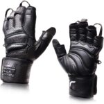 Elite Leather Gym Gloves with Built in 2" Wide Wrist Wraps Grip & Design for Weightlifting Power Lifting Bodybuilding & Strength Training Workout Exercises