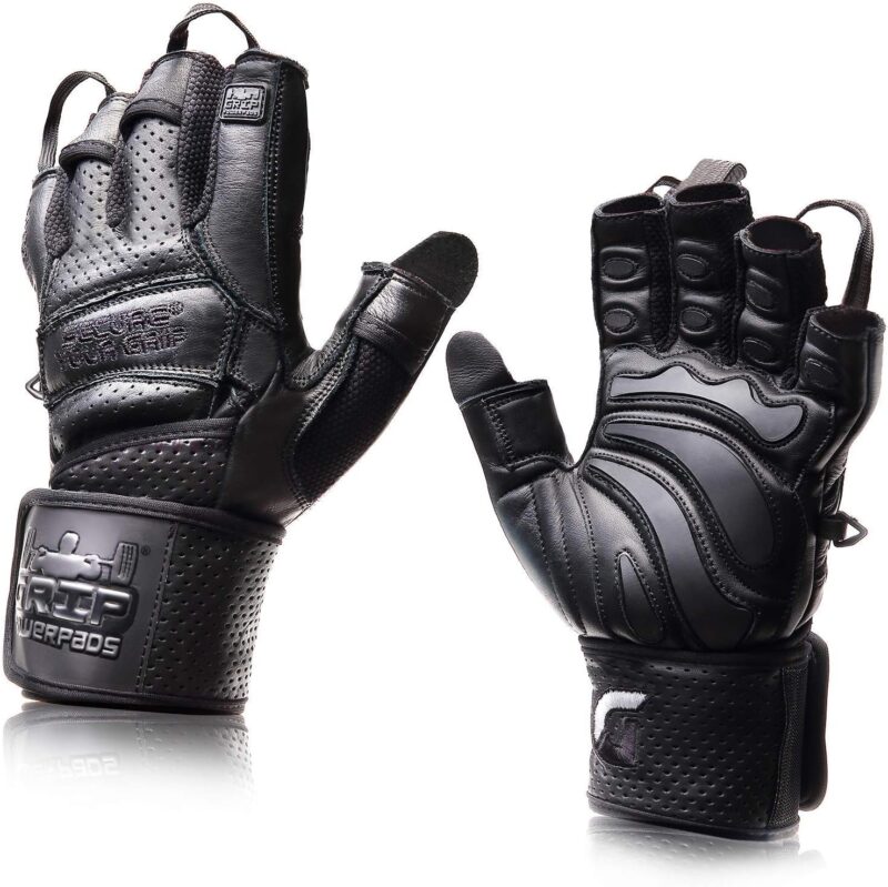 Elite Leather Gym Gloves with Built in 2" Wide Wrist Wraps Grip & Design for Weightlifting Power Lifting Bodybuilding & Strength Training Workout Exercises
